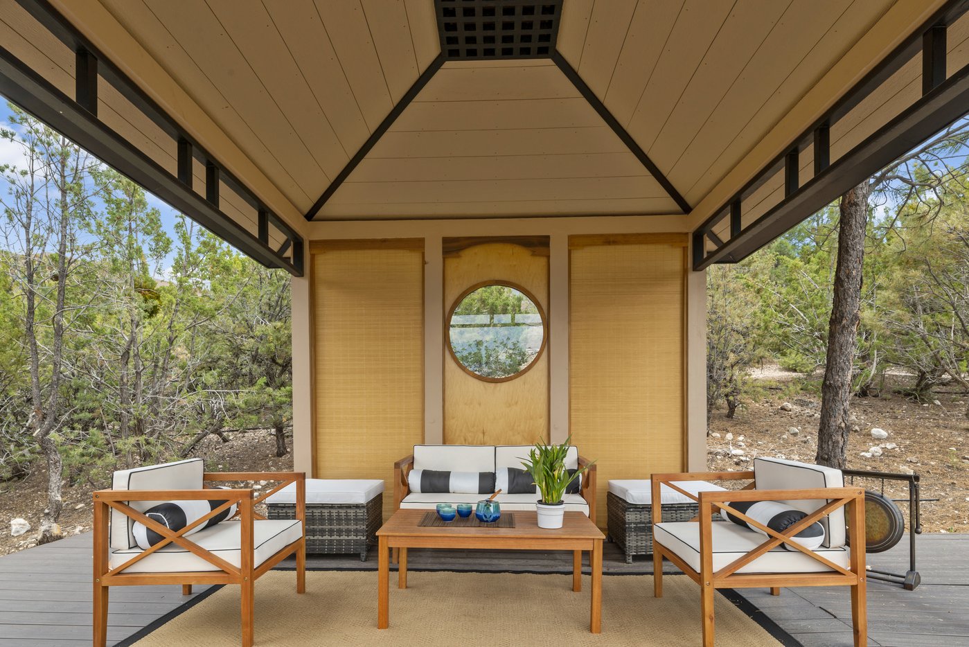 Interior of teahouse at top of backyard garden